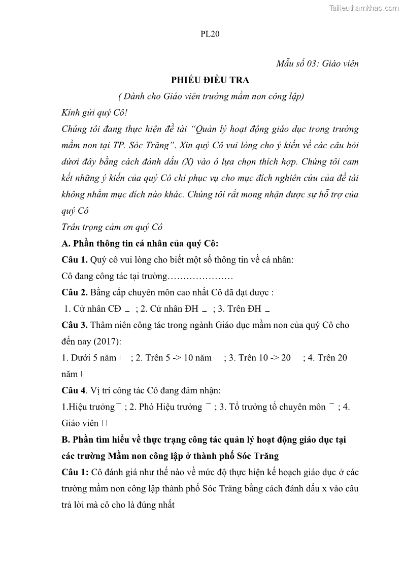 Luận văn thạc sĩ khoa học giáo dục Quản lý hoạt động giáo dục trong trường mầm non tại thành phố Sóc Trăng - 10 Trang 114
