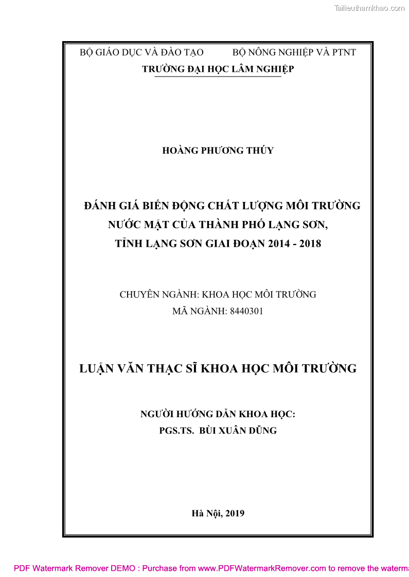 Luận văn thạc sĩ khoa học môi trường Đánh giá biến động chất lượng môi trường nước mặt của thành phố Lạng Sơn, tỉnh Lạng Sơn, giai đoạn 2014 - 2018 - 1 Trang 1