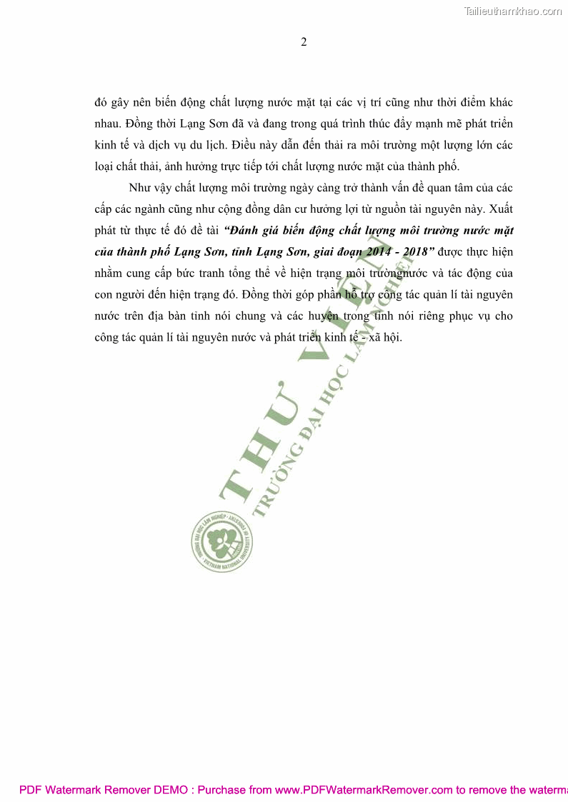Luận văn thạc sĩ khoa học môi trường Đánh giá biến động chất lượng môi trường nước mặt của thành phố Lạng Sơn, tỉnh Lạng Sơn, giai đoạn 2014 - 2018 - 2 Trang 13