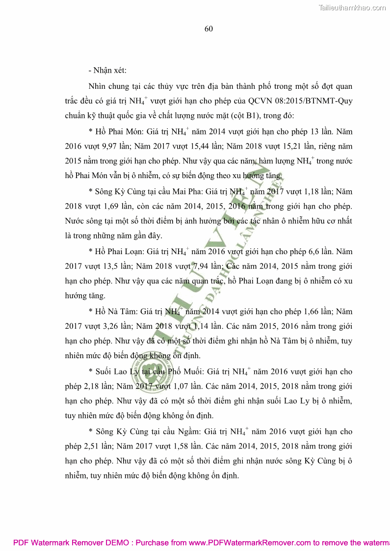 Luận văn thạc sĩ khoa học môi trường Đánh giá biến động chất lượng môi trường nước mặt của thành phố Lạng Sơn, tỉnh Lạng Sơn, giai đoạn 2014 - 2018 - 6 Trang 71