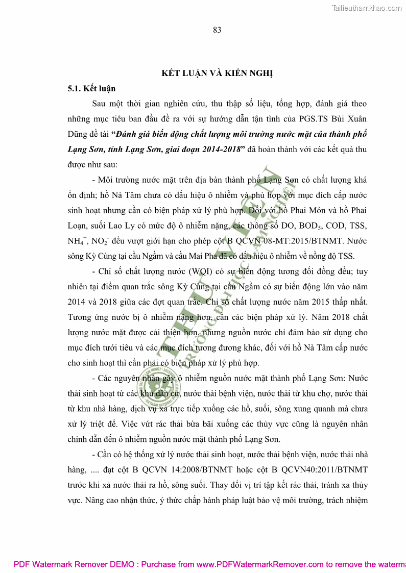 Luận văn thạc sĩ khoa học môi trường Đánh giá biến động chất lượng môi trường nước mặt của thành phố Lạng Sơn, tỉnh Lạng Sơn, giai đoạn 2014 - 2018 - 8 Trang 94