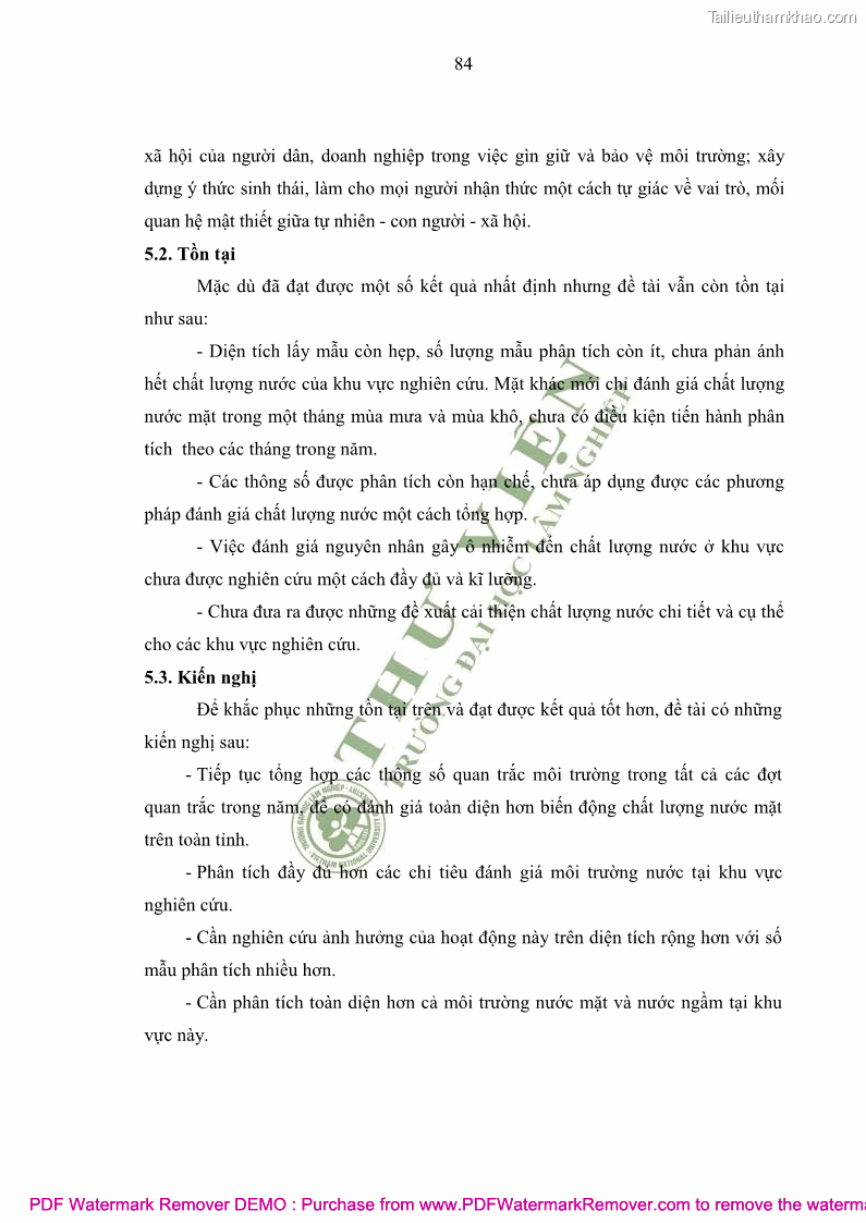 Luận văn thạc sĩ khoa học môi trường Đánh giá biến động chất lượng môi trường nước mặt của thành phố Lạng Sơn, tỉnh Lạng Sơn, giai đoạn 2014 - 2018 - 8 Trang 95