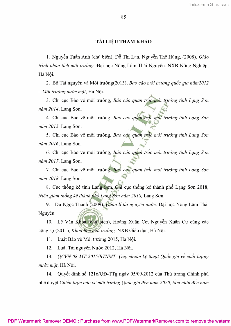 Luận văn thạc sĩ khoa học môi trường Đánh giá biến động chất lượng môi trường nước mặt của thành phố Lạng Sơn, tỉnh Lạng Sơn, giai đoạn 2014 - 2018 - 8 Trang 96