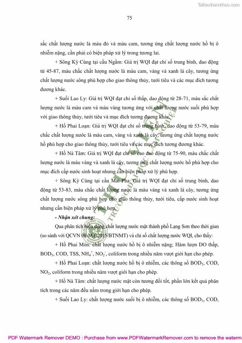 Luận văn thạc sĩ khoa học môi trường Đánh giá biến động chất lượng môi trường nước mặt của thành phố Lạng Sơn, tỉnh Lạng Sơn, giai đoạn 2014 - 2018 - 8 Trang 86