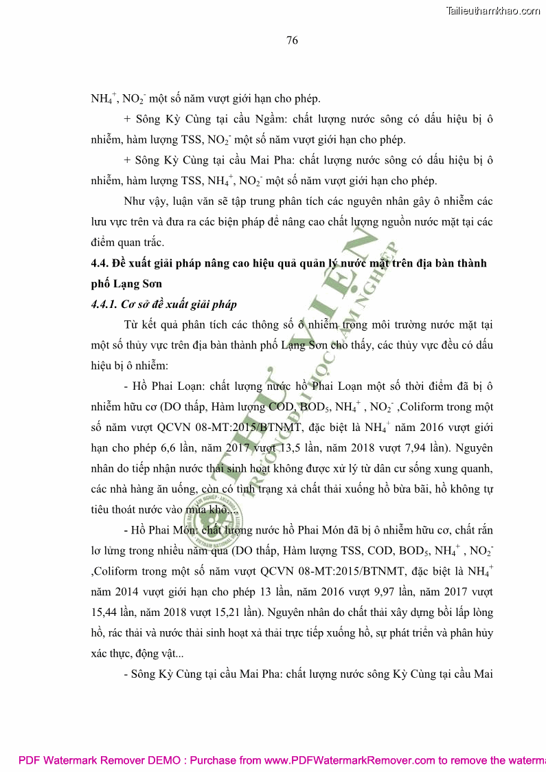 Luận văn thạc sĩ khoa học môi trường Đánh giá biến động chất lượng môi trường nước mặt của thành phố Lạng Sơn, tỉnh Lạng Sơn, giai đoạn 2014 - 2018 - 8 Trang 87
