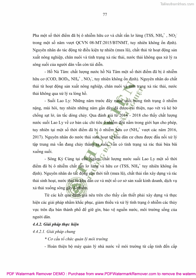 Luận văn thạc sĩ khoa học môi trường Đánh giá biến động chất lượng môi trường nước mặt của thành phố Lạng Sơn, tỉnh Lạng Sơn, giai đoạn 2014 - 2018 - 8 Trang 88