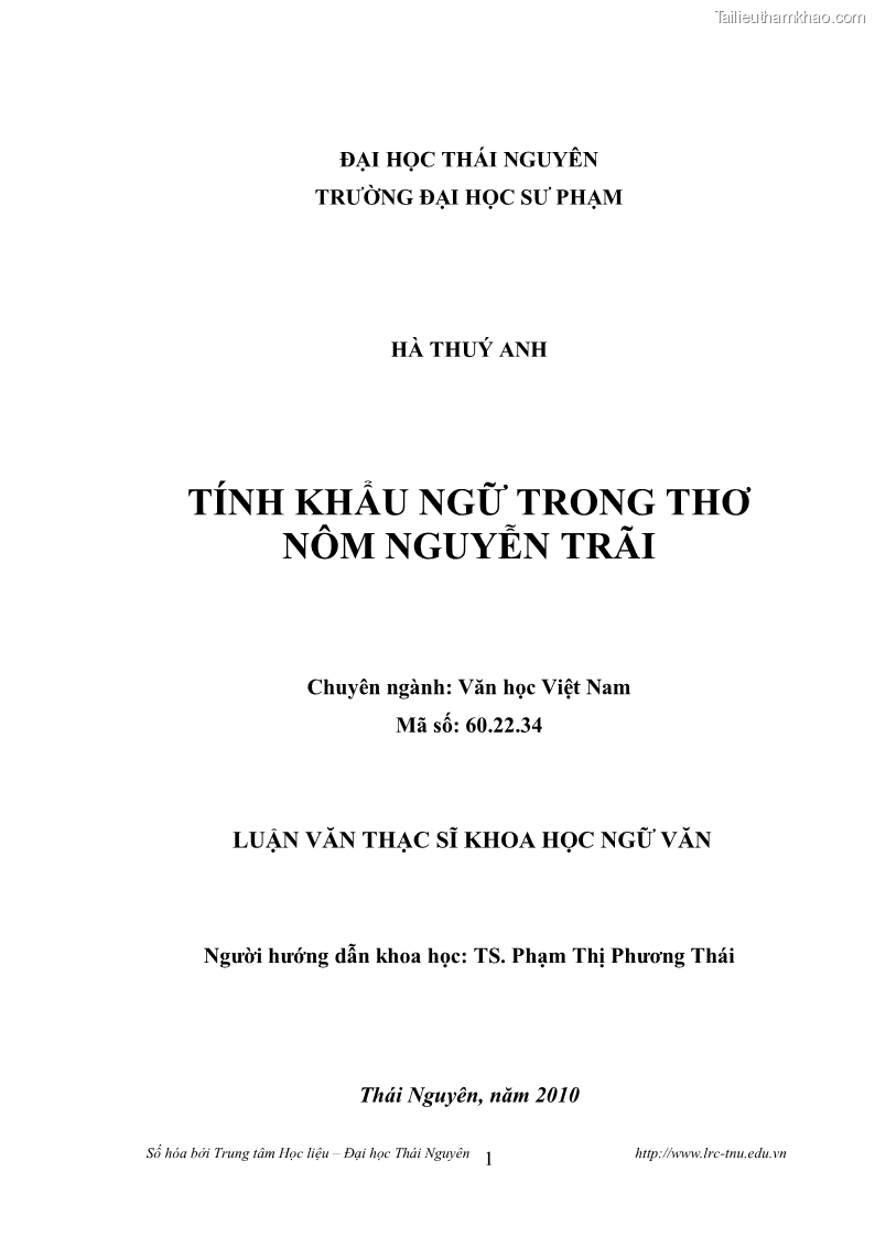 Luận văn thạc sĩ khoa học ngữ văn Tính khẩu ngữ trong thơ Nôm Nguyễn Trãi - 1 Trang 1