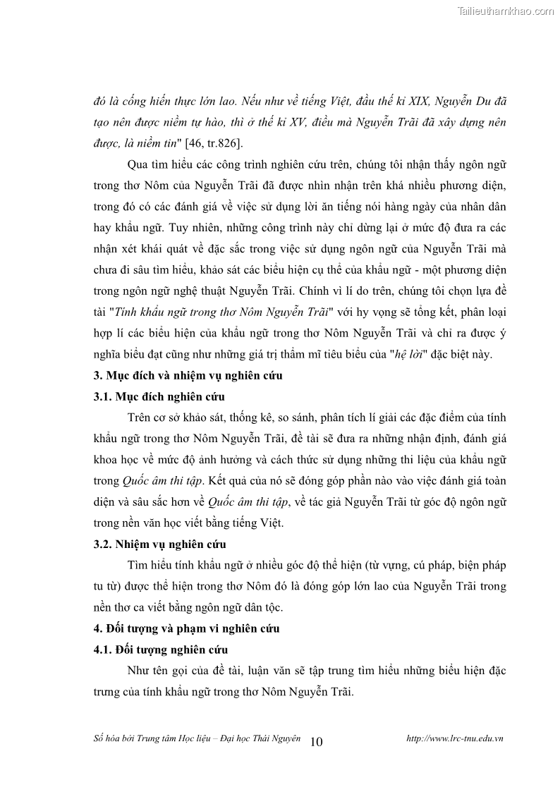 Luận văn thạc sĩ khoa học ngữ văn Tính khẩu ngữ trong thơ Nôm Nguyễn Trãi - 1 Trang 10