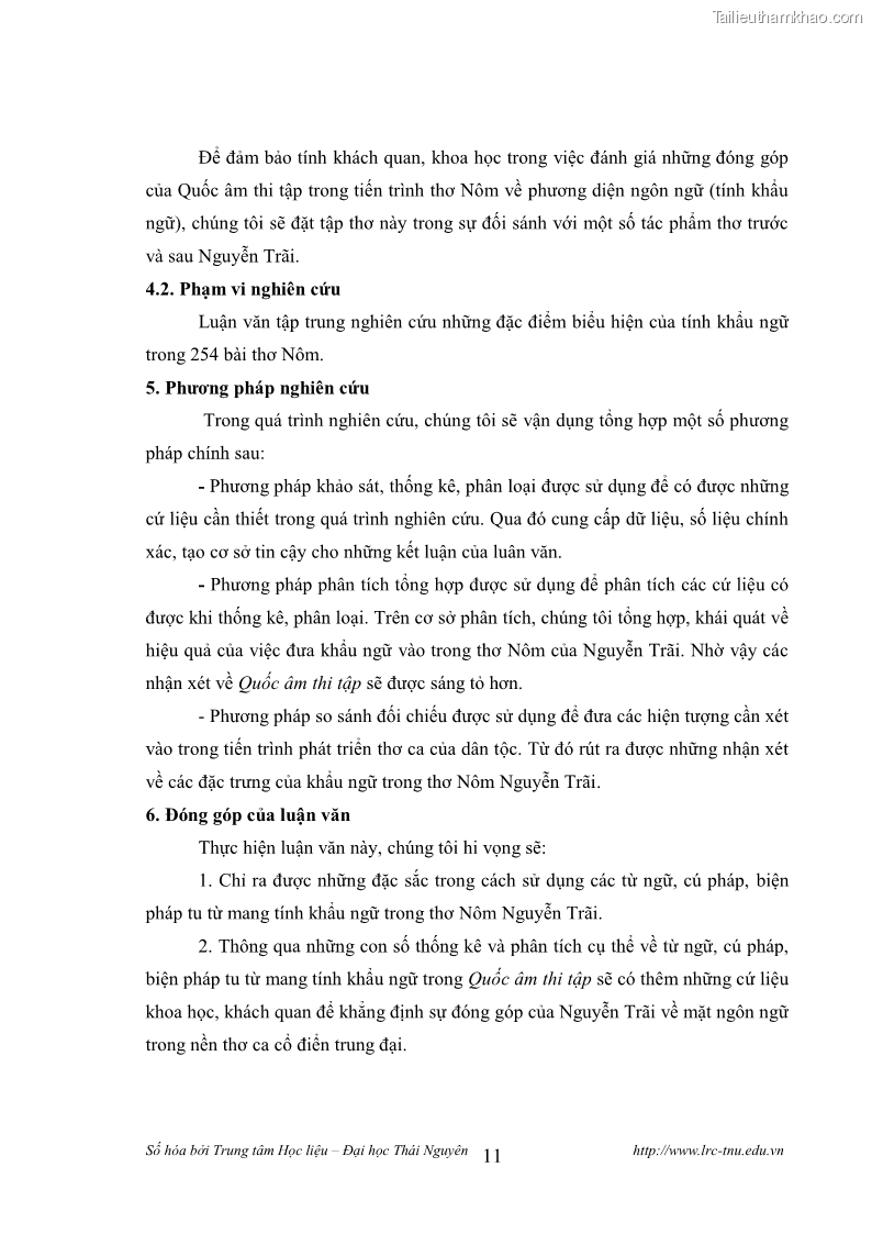 Luận văn thạc sĩ khoa học ngữ văn Tính khẩu ngữ trong thơ Nôm Nguyễn Trãi - 1 Trang 11