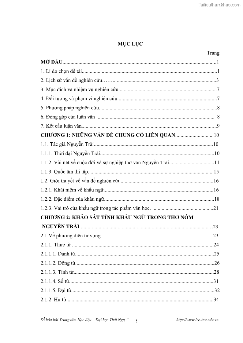 Luận văn thạc sĩ khoa học ngữ văn Tính khẩu ngữ trong thơ Nôm Nguyễn Trãi - 1 Trang 2