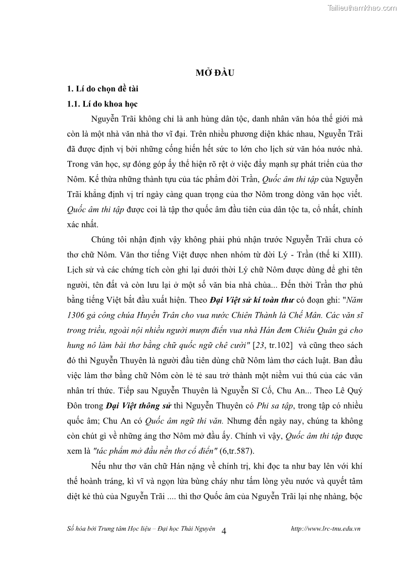 Luận văn thạc sĩ khoa học ngữ văn Tính khẩu ngữ trong thơ Nôm Nguyễn Trãi - 1 Trang 4
