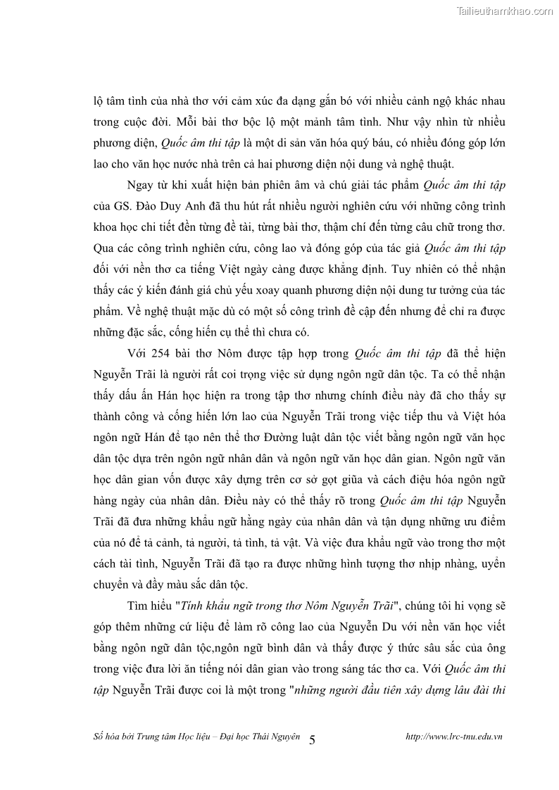 Luận văn thạc sĩ khoa học ngữ văn Tính khẩu ngữ trong thơ Nôm Nguyễn Trãi - 1 Trang 5