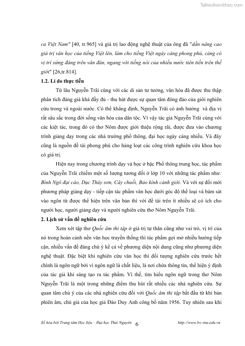 Luận văn thạc sĩ khoa học ngữ văn Tính khẩu ngữ trong thơ Nôm Nguyễn Trãi - 1 Trang 6