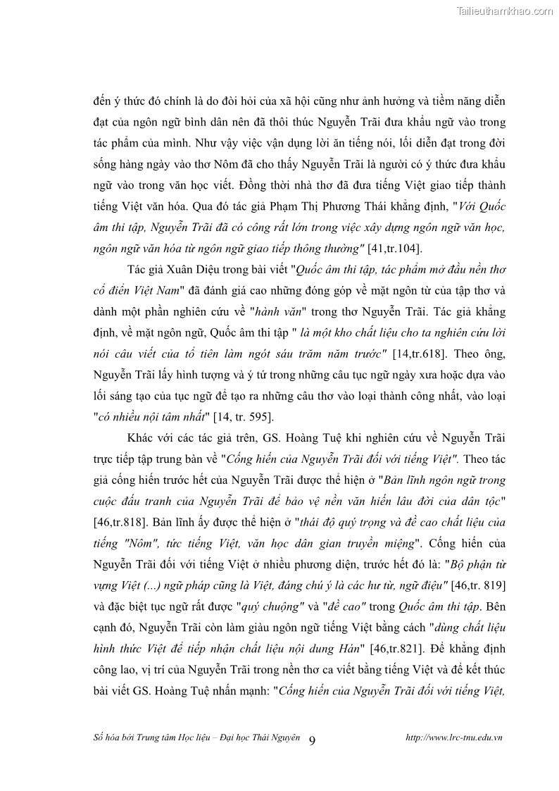 Luận văn thạc sĩ khoa học ngữ văn Tính khẩu ngữ trong thơ Nôm Nguyễn Trãi - 1 Trang 9