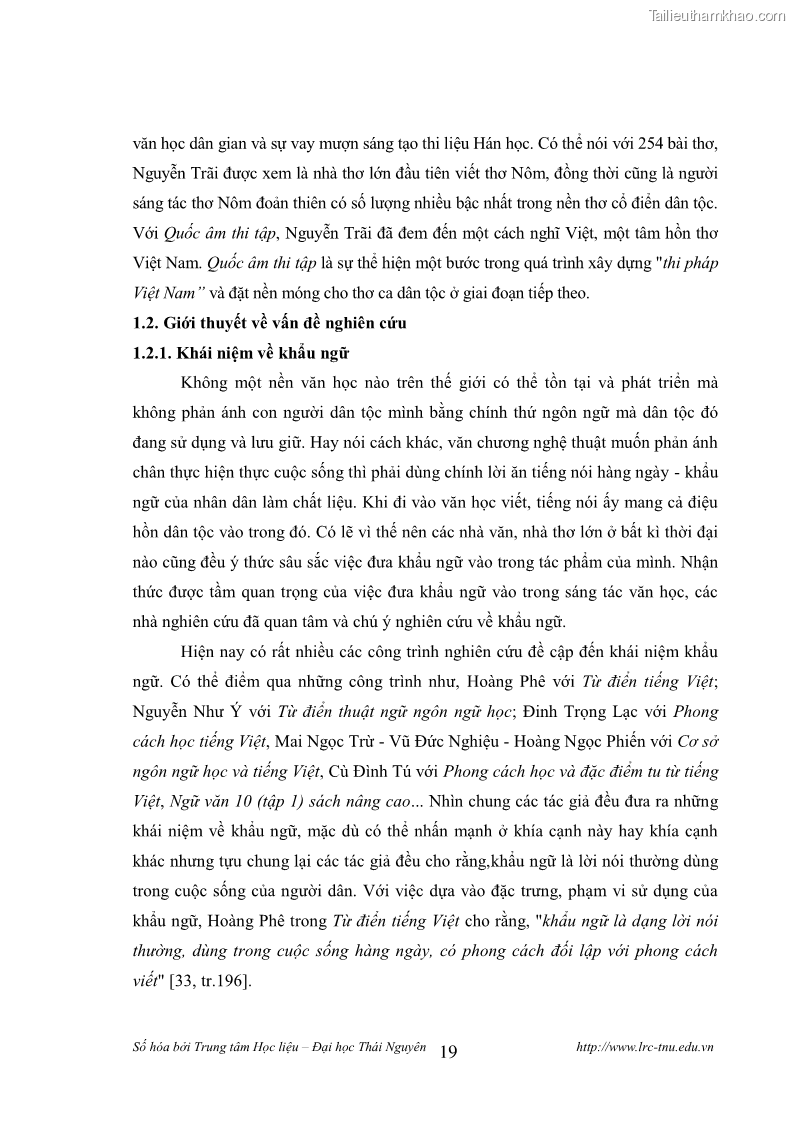 Luận văn thạc sĩ khoa học ngữ văn Tính khẩu ngữ trong thơ Nôm Nguyễn Trãi - 2 Trang 19