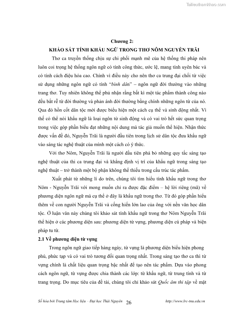 Luận văn thạc sĩ khoa học ngữ văn Tính khẩu ngữ trong thơ Nôm Nguyễn Trãi - 3 Trang 26