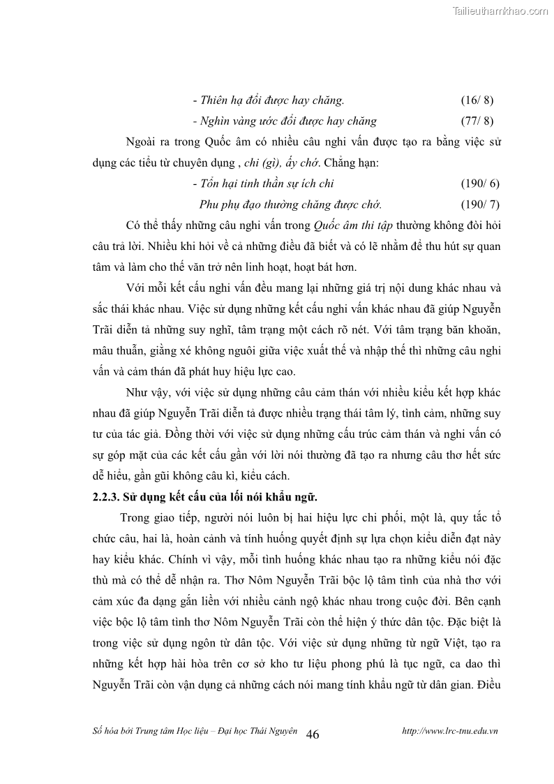 Luận văn thạc sĩ khoa học ngữ văn Tính khẩu ngữ trong thơ Nôm Nguyễn Trãi - 4 Trang 46