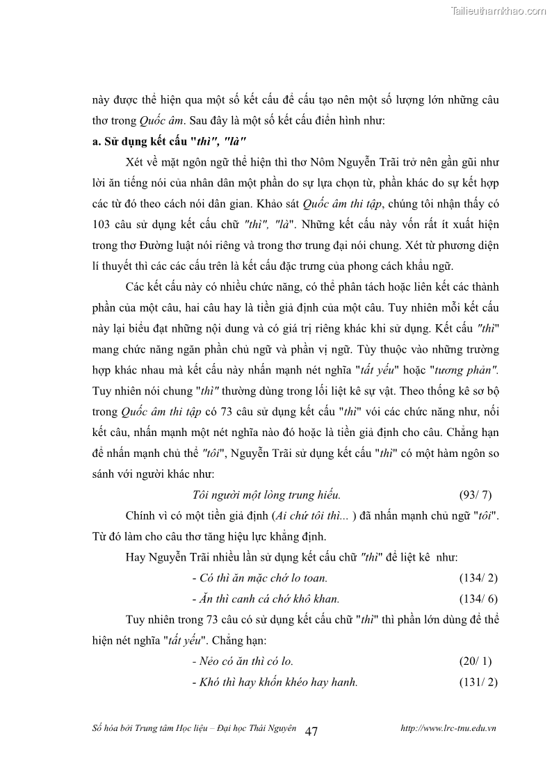 Luận văn thạc sĩ khoa học ngữ văn Tính khẩu ngữ trong thơ Nôm Nguyễn Trãi - 4 Trang 47