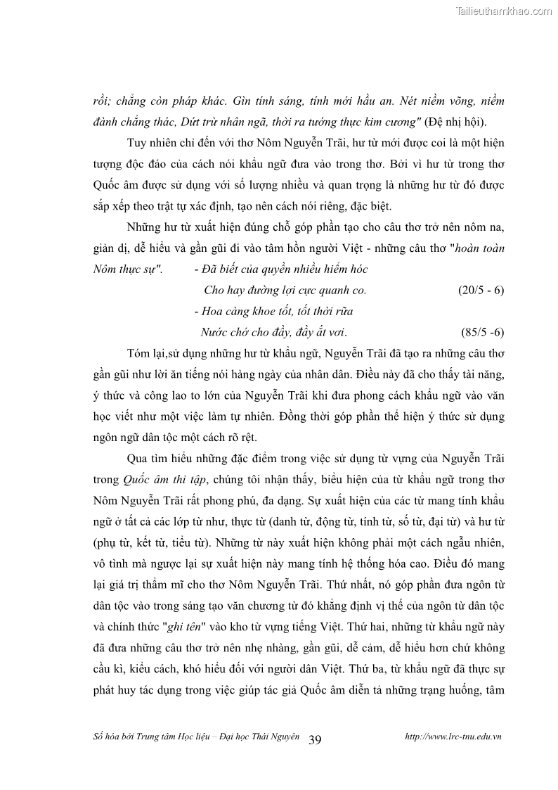 Luận văn thạc sĩ khoa học ngữ văn Tính khẩu ngữ trong thơ Nôm Nguyễn Trãi - 4 Trang 39