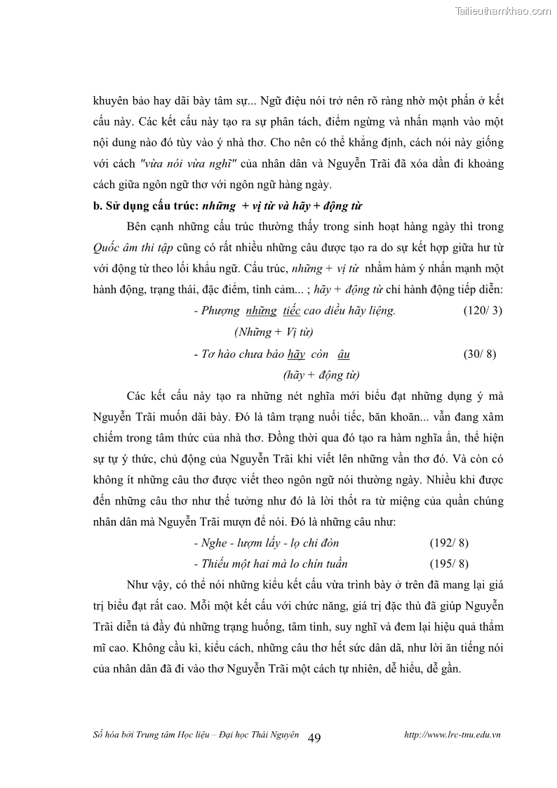 Luận văn thạc sĩ khoa học ngữ văn Tính khẩu ngữ trong thơ Nôm Nguyễn Trãi - 5 Trang 49