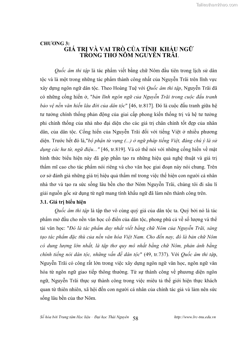 Luận văn thạc sĩ khoa học ngữ văn Tính khẩu ngữ trong thơ Nôm Nguyễn Trãi - 5 Trang 58