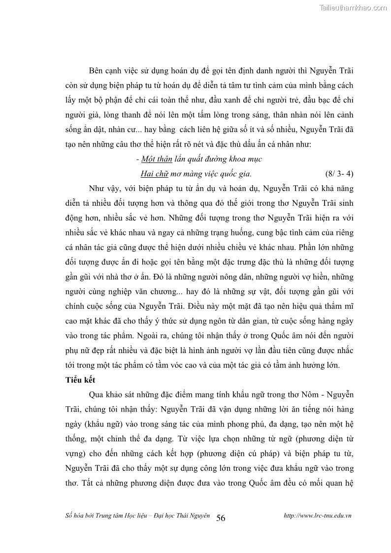 Luận văn thạc sĩ khoa học ngữ văn Tính khẩu ngữ trong thơ Nôm Nguyễn Trãi - 5 Trang 56