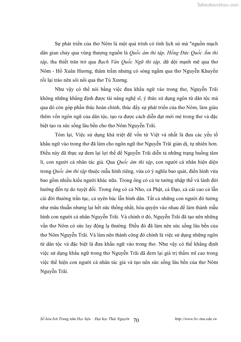 Luận văn thạc sĩ khoa học ngữ văn Tính khẩu ngữ trong thơ Nôm Nguyễn Trãi - 6 Trang 70