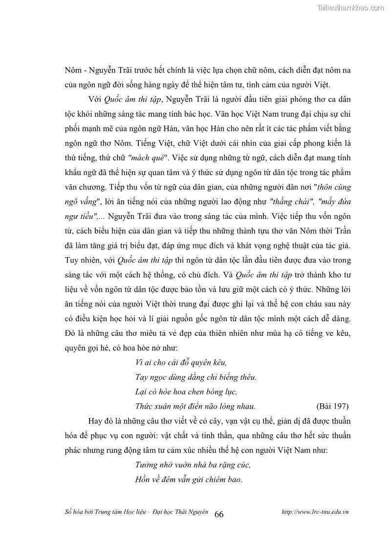 Luận văn thạc sĩ khoa học ngữ văn Tính khẩu ngữ trong thơ Nôm Nguyễn Trãi - 6 Trang 66