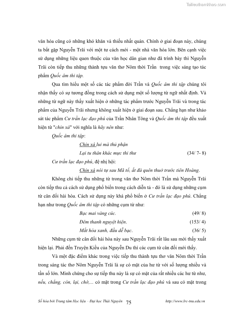 Luận văn thạc sĩ khoa học ngữ văn Tính khẩu ngữ trong thơ Nôm Nguyễn Trãi - 7 Trang 75