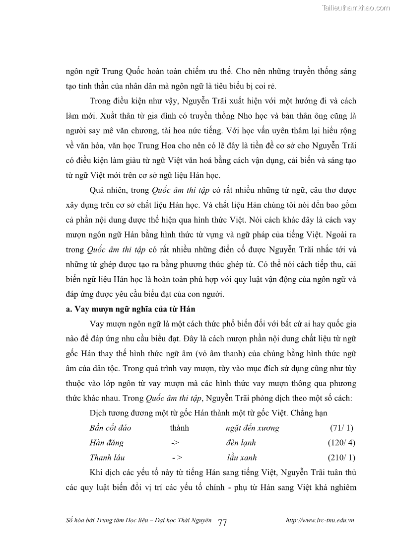 Luận văn thạc sĩ khoa học ngữ văn Tính khẩu ngữ trong thơ Nôm Nguyễn Trãi - 7 Trang 77