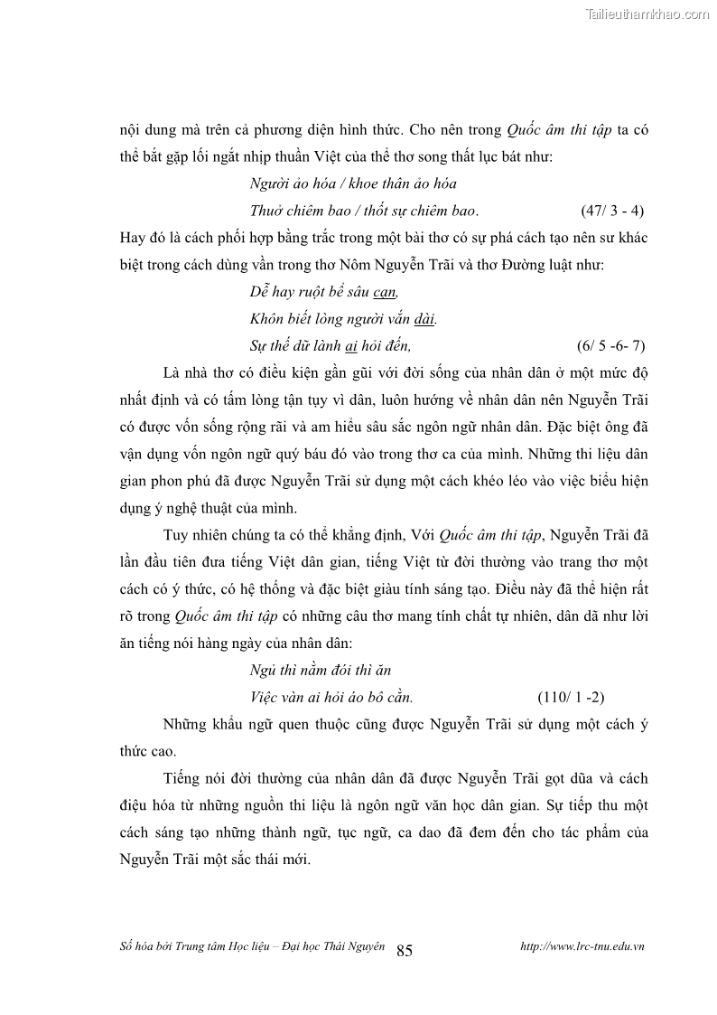 Luận văn thạc sĩ khoa học ngữ văn Tính khẩu ngữ trong thơ Nôm Nguyễn Trãi - 8 Trang 85