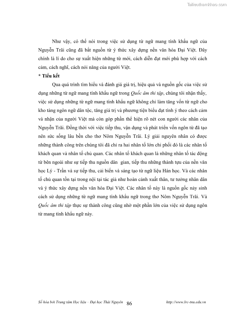 Luận văn thạc sĩ khoa học ngữ văn Tính khẩu ngữ trong thơ Nôm Nguyễn Trãi - 8 Trang 86