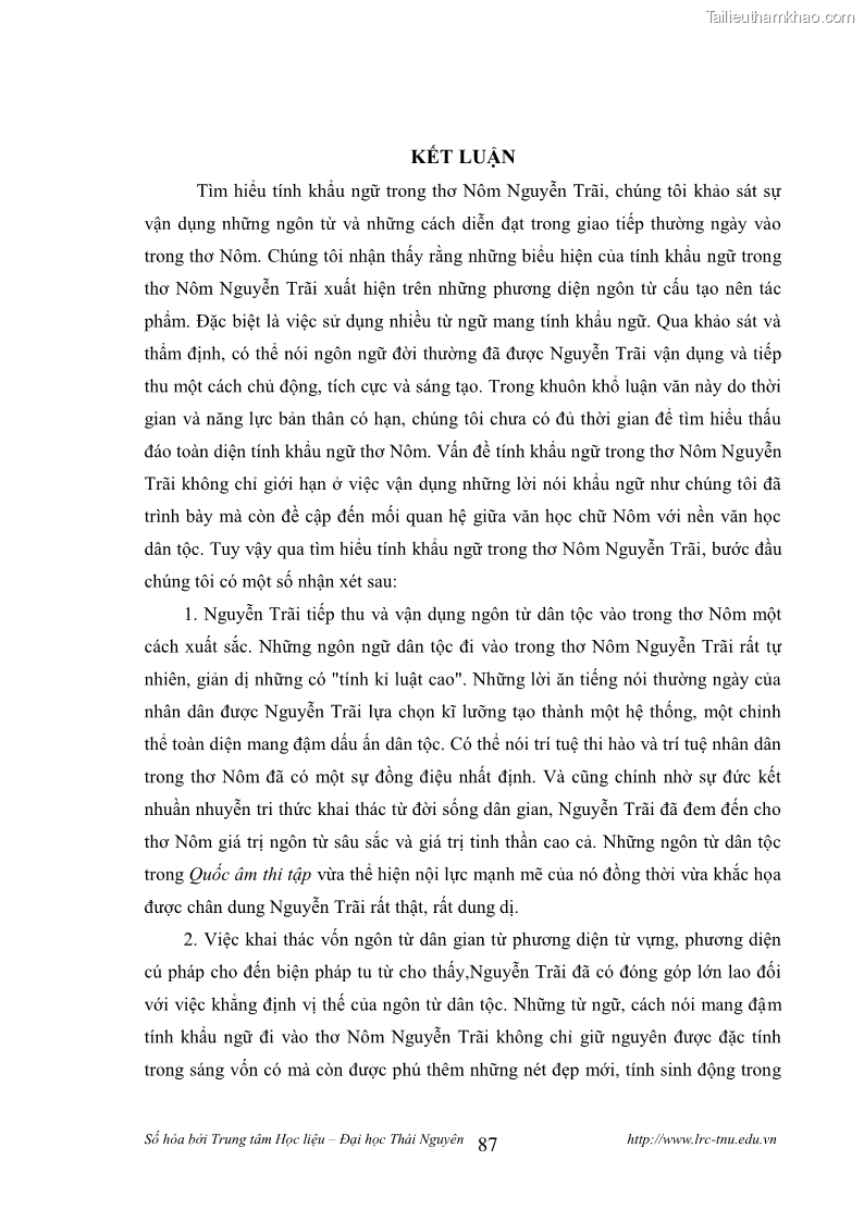 Luận văn thạc sĩ khoa học ngữ văn Tính khẩu ngữ trong thơ Nôm Nguyễn Trãi - 8 Trang 87