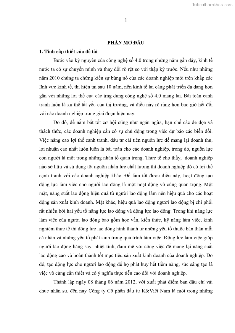 Luận văn thạc sĩ kinh tế Tạo động lực làm việc tại Công ty cổ phần đầu tư K&G Việt Nam - 1 Trang 10
