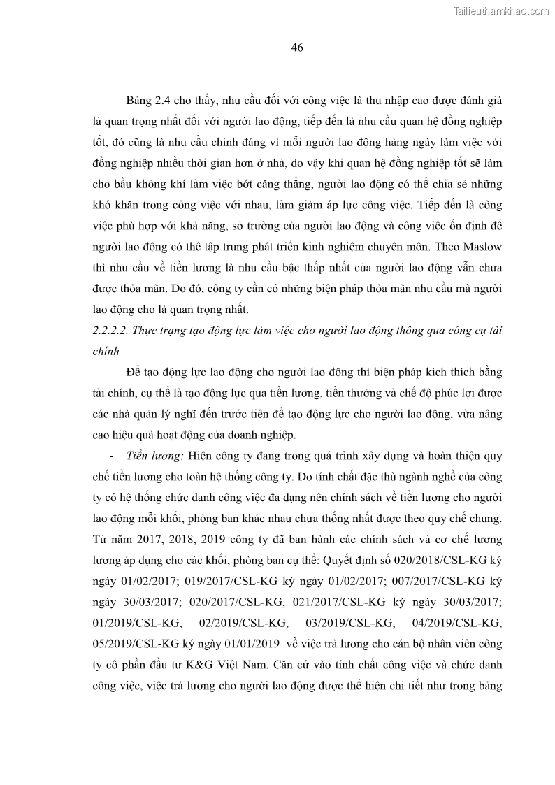 Luận văn thạc sĩ kinh tế Tạo động lực làm việc tại Công ty cổ phần đầu tư K&G Việt Nam - 5 Trang 55