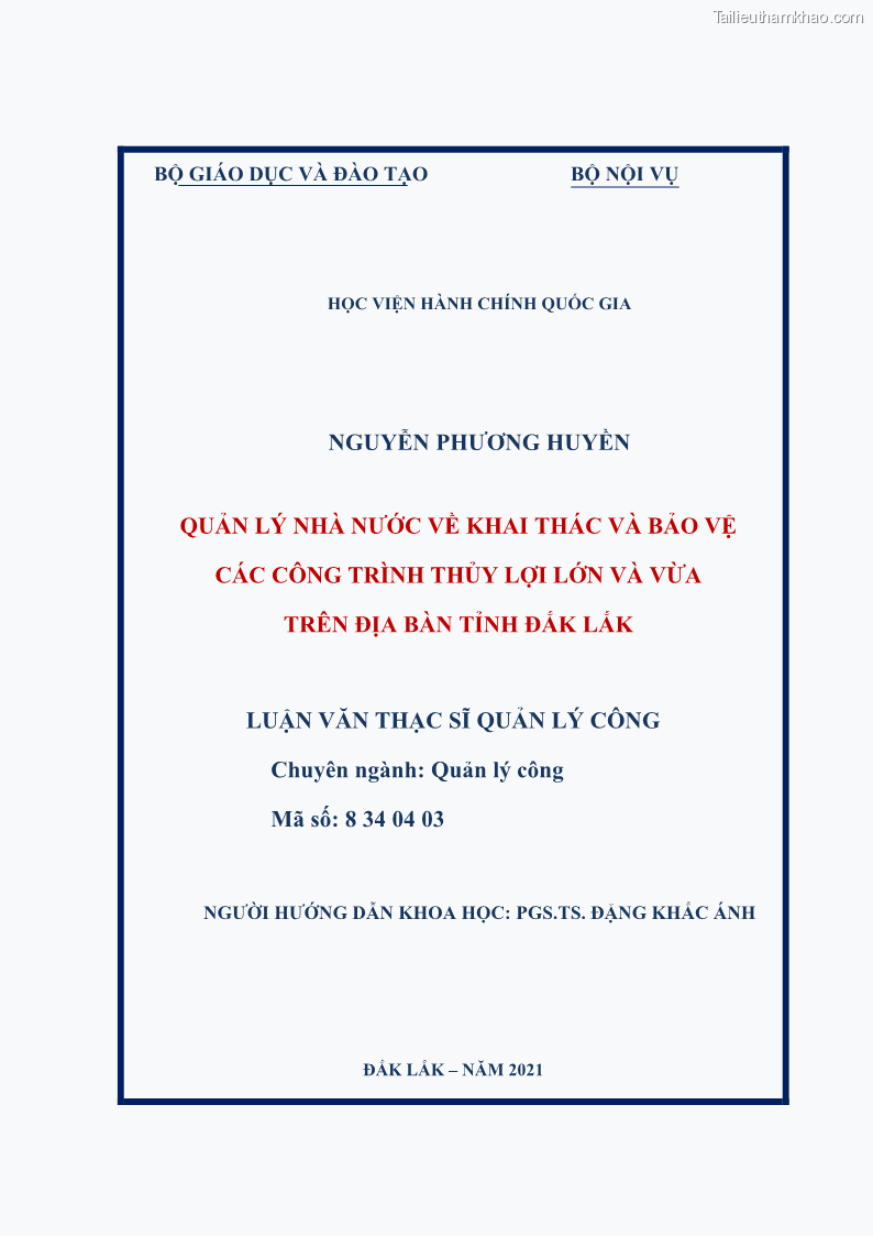 Luận văn thạc sĩ quản lý công Quản lý nhà nước về khai thác và bảo vệ các công trình thủy lợi lớn và vừa trên địa bàn tỉnh Đắk Lắk - 1 Trang 2