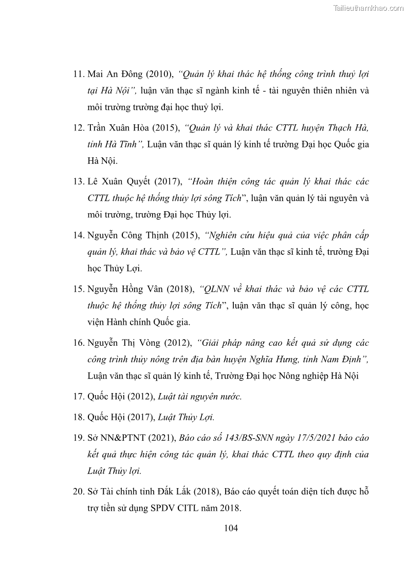 Luận văn thạc sĩ quản lý công Quản lý nhà nước về khai thác và bảo vệ các công trình thủy lợi lớn và vừa trên địa bàn tỉnh Đắk Lắk - 10 Trang 111