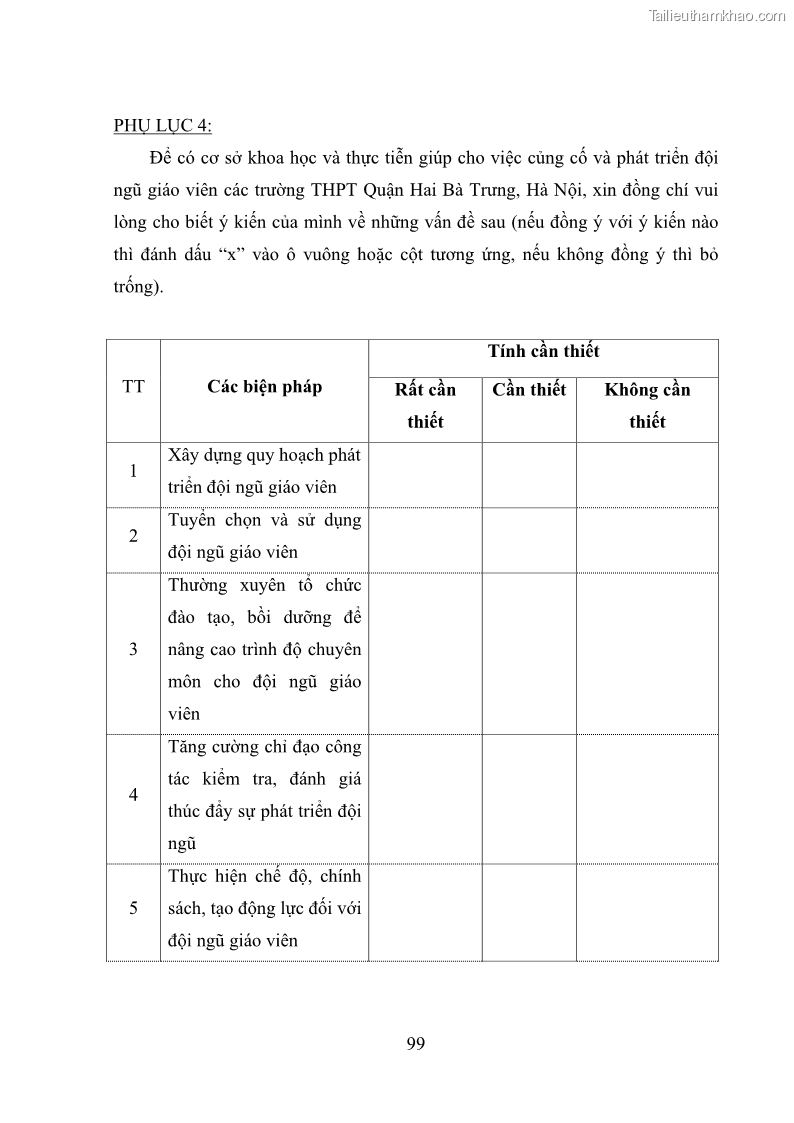 Luận văn thạc sĩ quản lý giáo dục Quản lý phát triển đội ngũ giáo viên các trường trung học phổ thông quận Hai Bà Trưng, Hà Nội trong bối cảnh hiện nay - 9 Trang 107