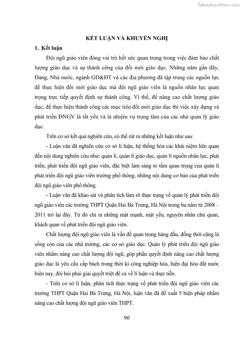 Luận văn thạc sĩ quản lý giáo dục Quản lý phát triển đội ngũ giáo viên các trường trung học phổ thông quận Hai Bà Trưng, Hà Nội trong bối cảnh hiện nay - 9 Trang 98