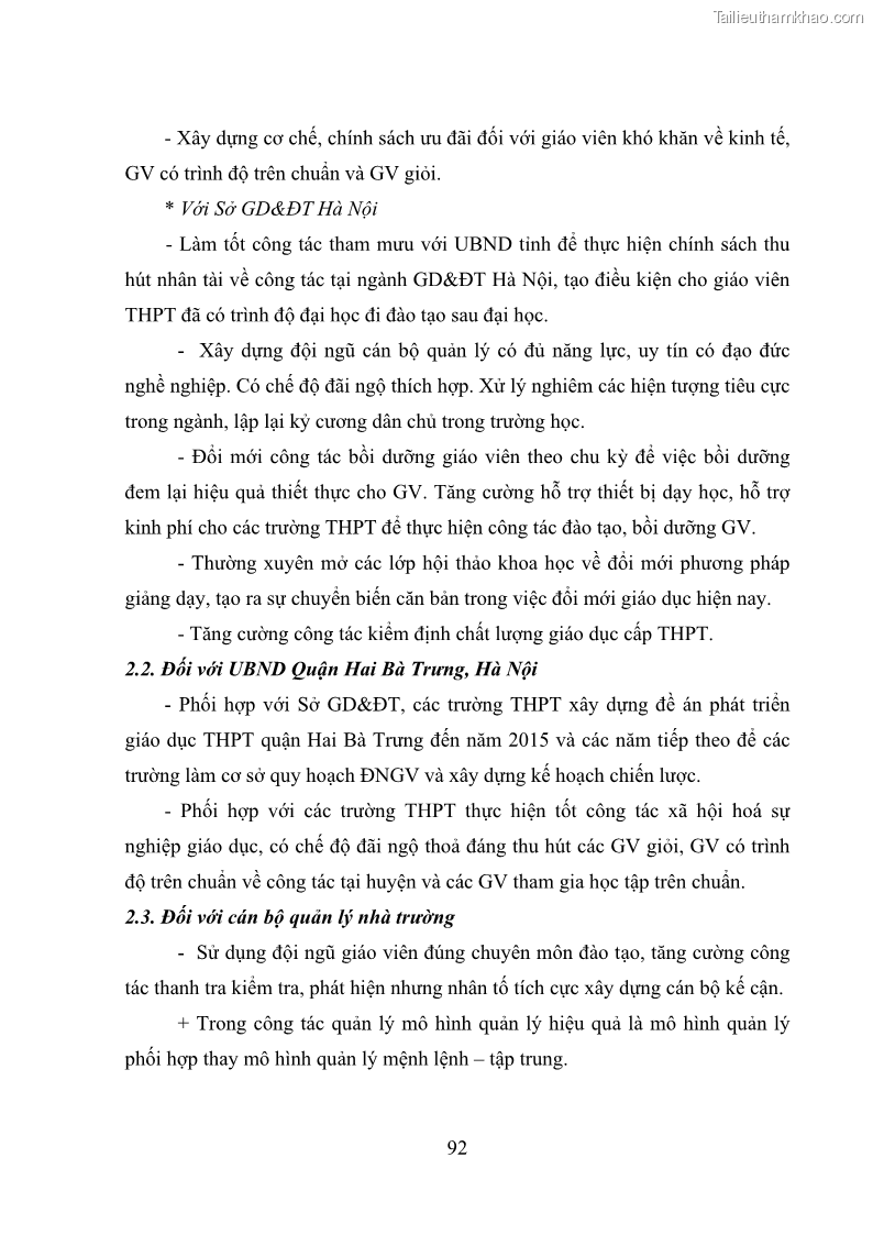 Luận văn thạc sĩ quản lý giáo dục Quản lý phát triển đội ngũ giáo viên các trường trung học phổ thông quận Hai Bà Trưng, Hà Nội trong bối cảnh hiện nay - 9 Trang 100