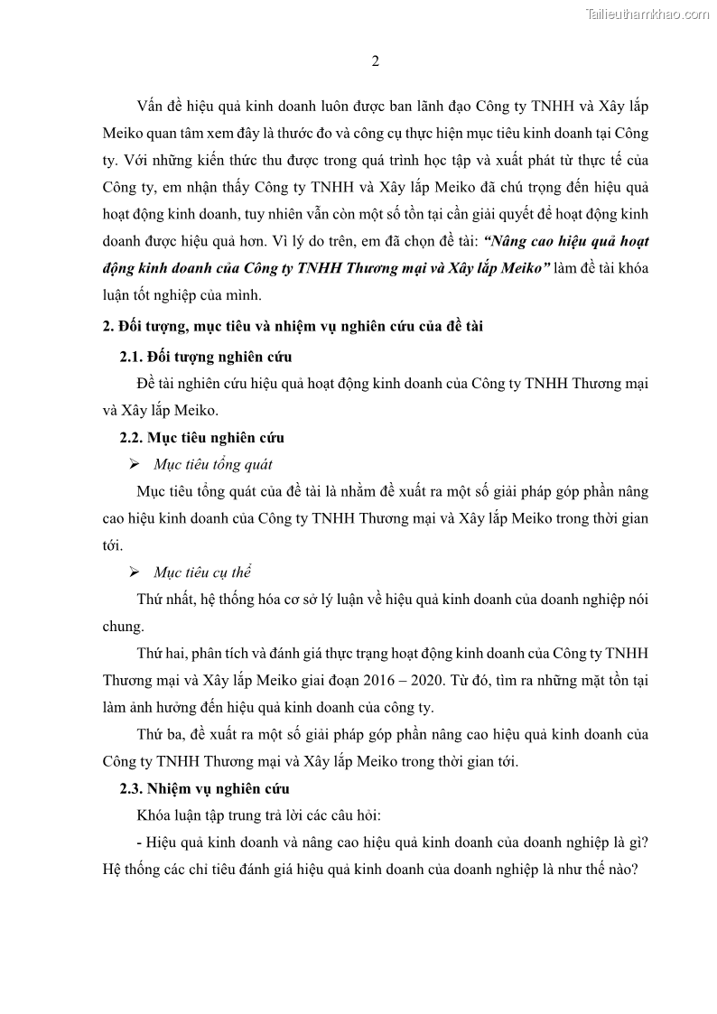 Khóa luận tốt nghiệp kinh tế Nâng cao hiệu quả hoạt động kinh doanh của Công ty TNHH Thương mại và Xây lắp Meiko - 1 Trang 10