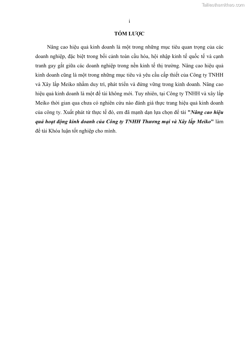 Khóa luận tốt nghiệp kinh tế Nâng cao hiệu quả hoạt động kinh doanh của Công ty TNHH Thương mại và Xây lắp Meiko - 1 Trang 2