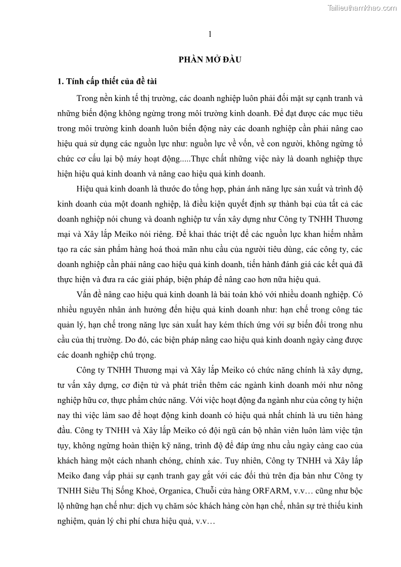 Khóa luận tốt nghiệp kinh tế Nâng cao hiệu quả hoạt động kinh doanh của Công ty TNHH Thương mại và Xây lắp Meiko - 1 Trang 9