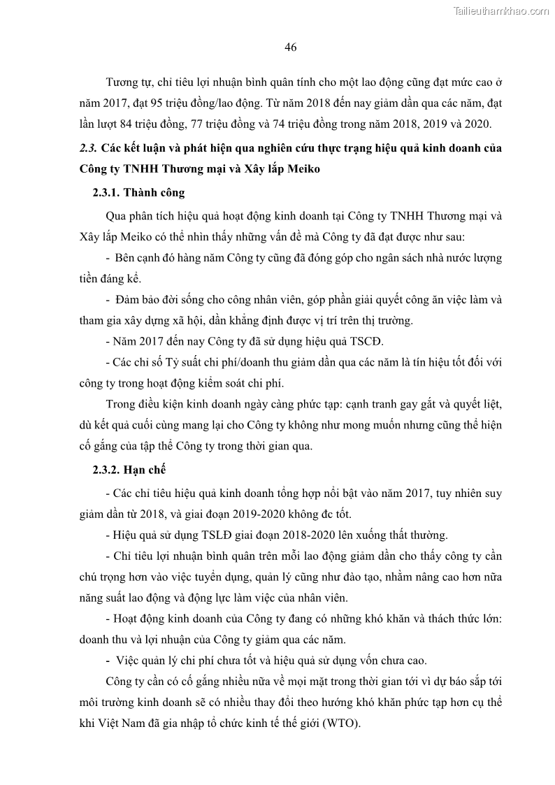 Khóa luận tốt nghiệp kinh tế Nâng cao hiệu quả hoạt động kinh doanh của Công ty TNHH Thương mại và Xây lắp Meiko - 5 Trang 54