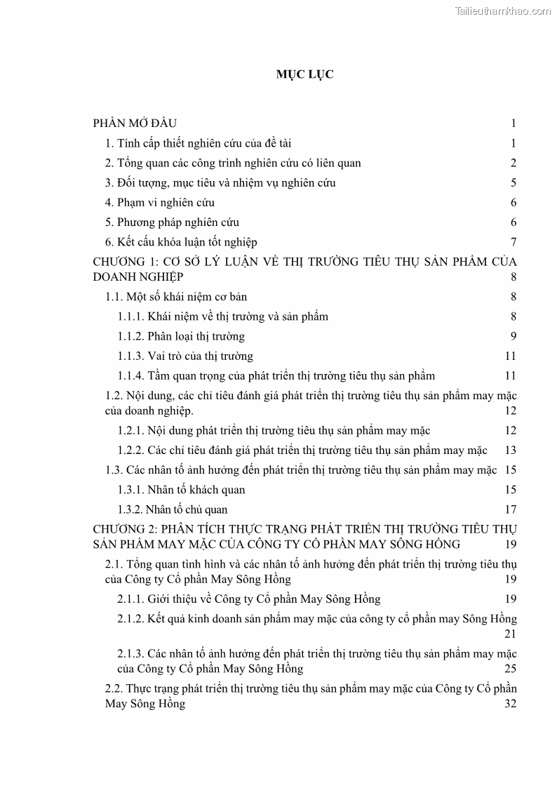 Khóa luận tốt nghiệp kinh tế Phát triển thị trường tiêu thụ sản phẩm may mặc của Công ty cổ phần may Sông Hồng - 1 Trang 4