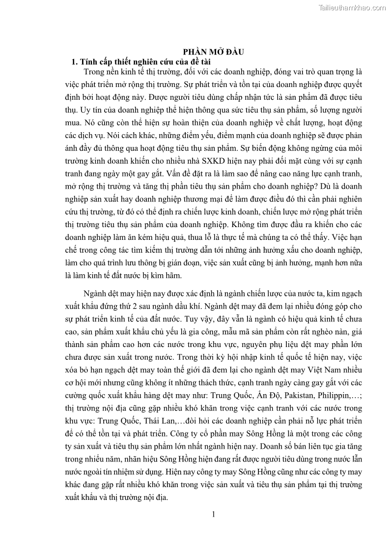 Khóa luận tốt nghiệp kinh tế Phát triển thị trường tiêu thụ sản phẩm may mặc của Công ty cổ phần may Sông Hồng - 1 Trang 9