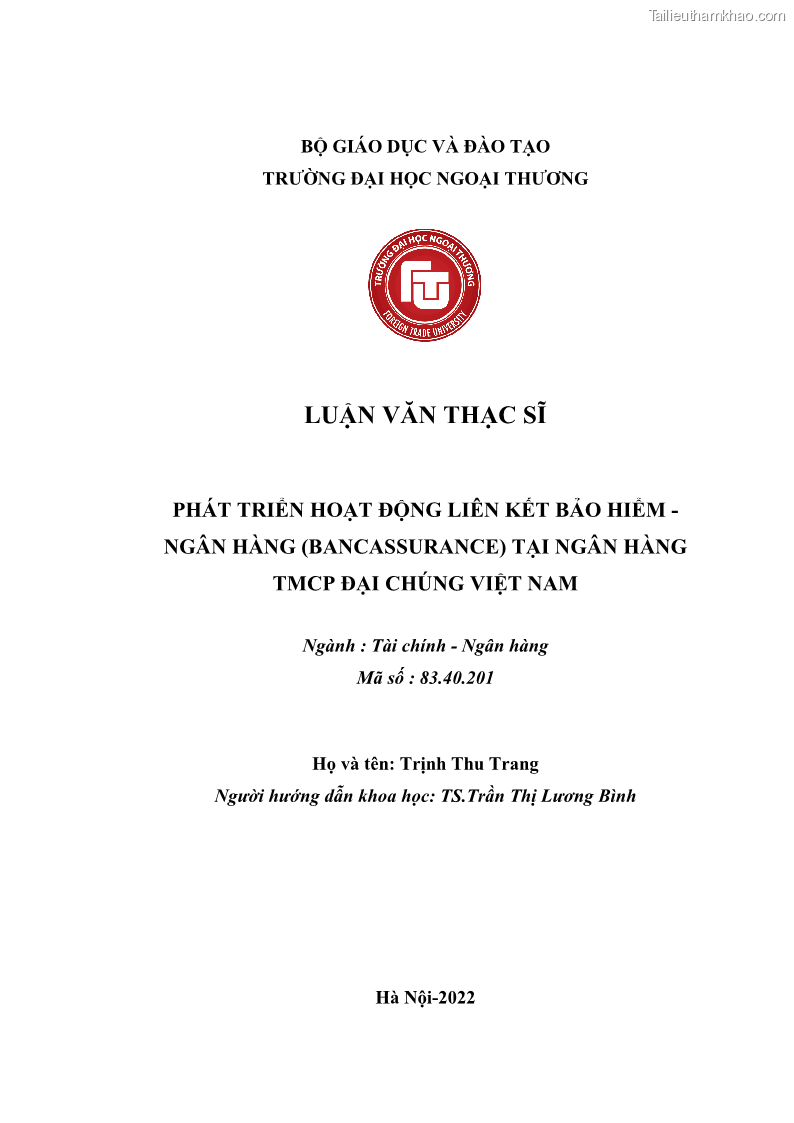Luận văn thạc sĩ tài chính ngân hàng Phát triển hoạt động liên kết bảo hiểm - ngân hàng Bancassurance tại Ngân hàng TMCP Đại chúng Việt Nam - 1 Trang 2