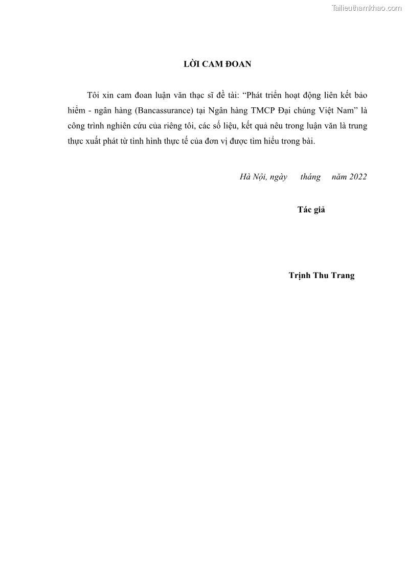 Luận văn thạc sĩ tài chính ngân hàng Phát triển hoạt động liên kết bảo hiểm - ngân hàng Bancassurance tại Ngân hàng TMCP Đại chúng Việt Nam - 1 Trang 3