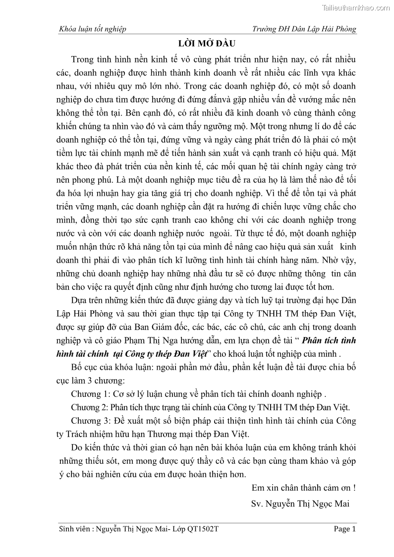Khóa luận tốt nghiệp tài chính ngân hàng Phân tích tình hình tài chính tại Công ty Thép Đan Việt - 1 Trang 10