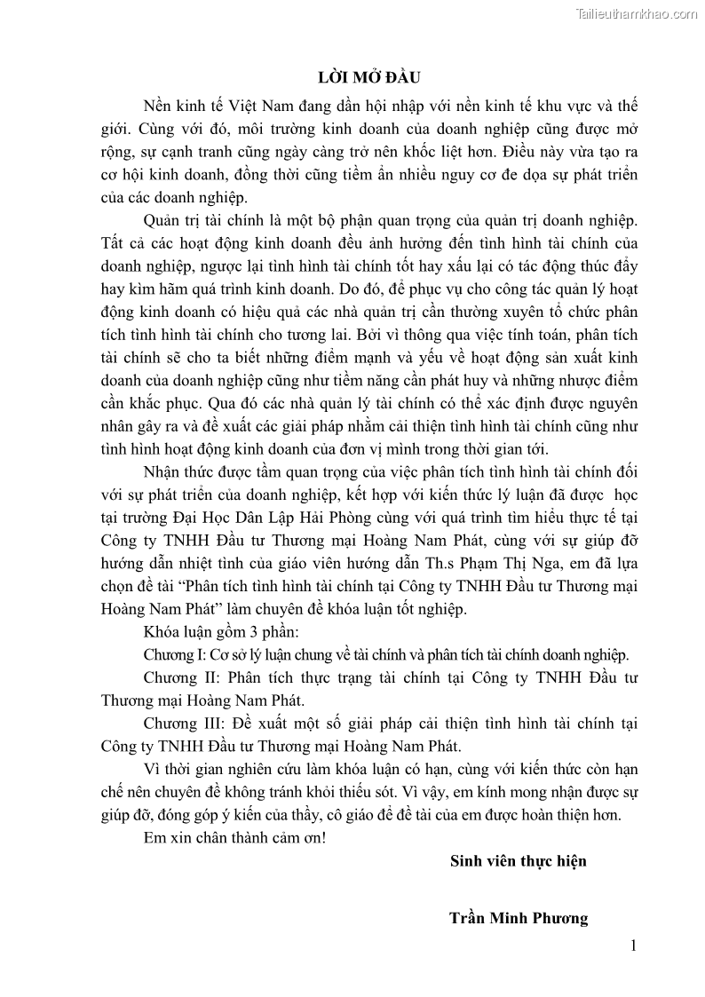 Khóa luận tốt nghiệp tài chính ngân hàng Phân tích tình hình tài chính tại Công ty TNHH Đầu tư Thương mại Hoàng Nam Phát - 1 Trang 11